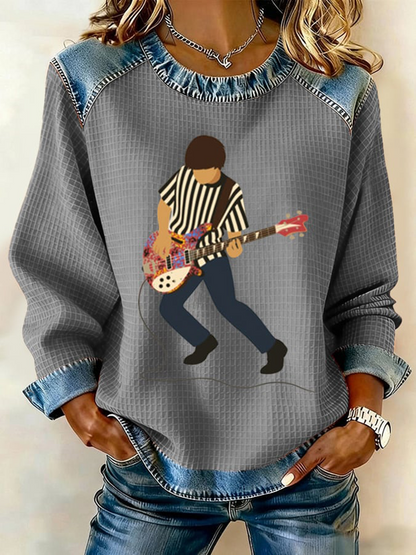 Women's Lemon Roses Music Lover Denim Patchwork Top