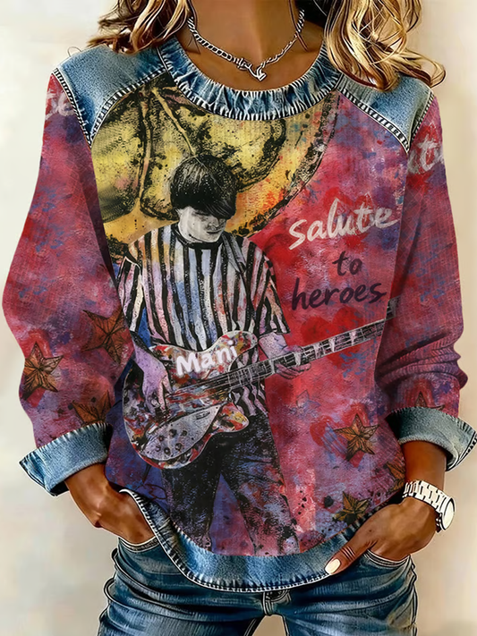 Women's Lemon Roses Music Lover Denim Patchwork Top