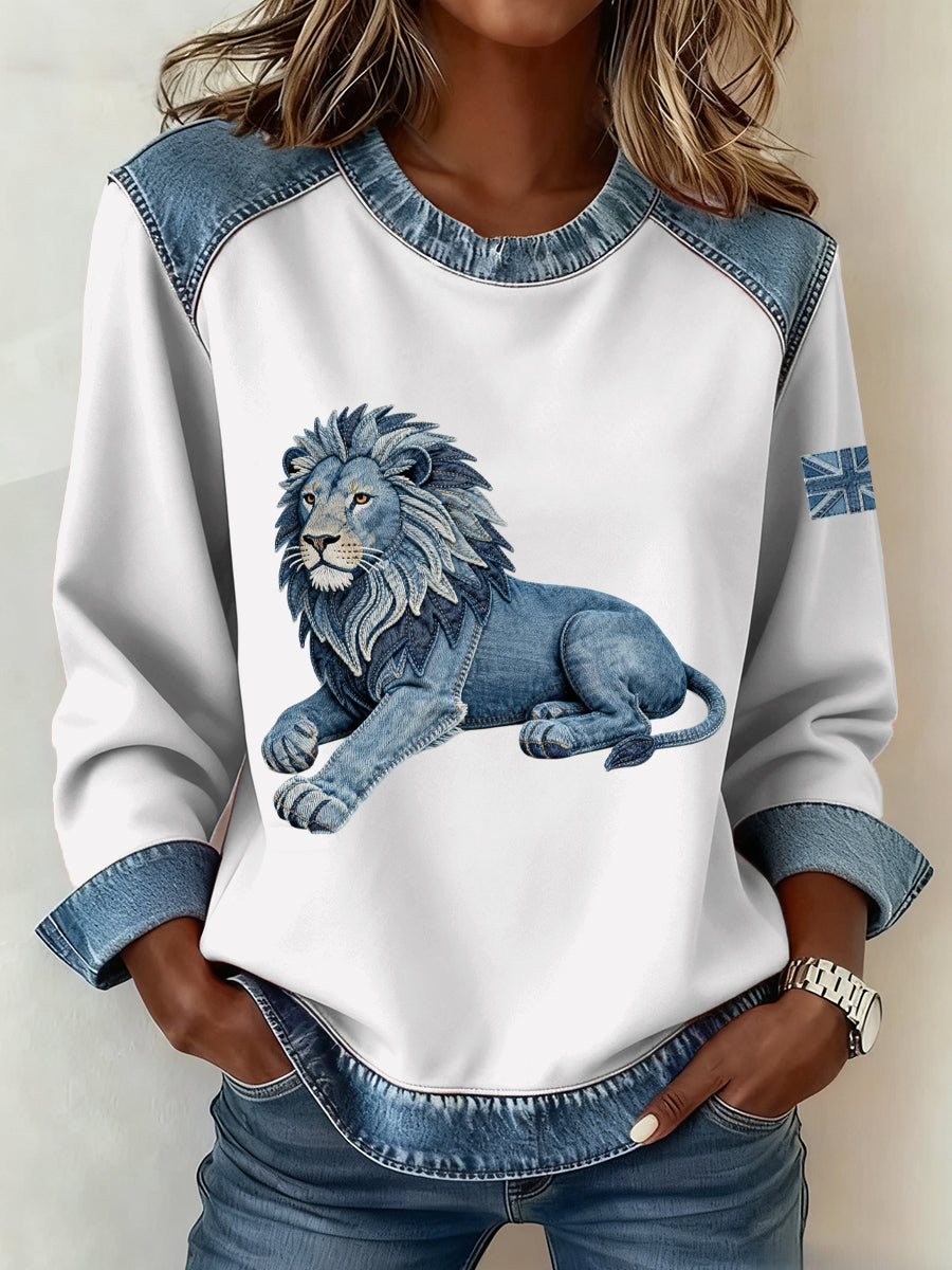 Women's British Style Denim Lion Patchwork Art Sweatshirt