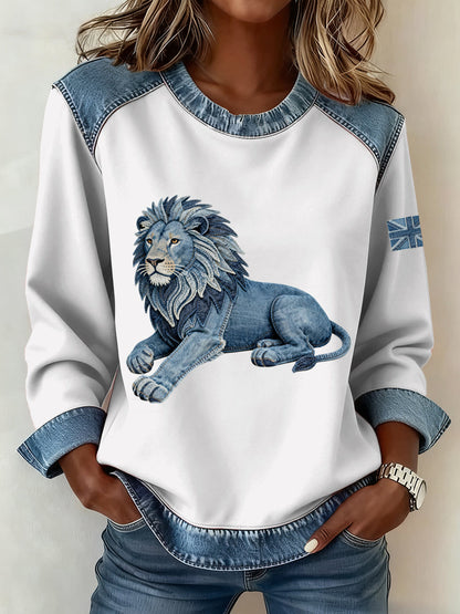 Women's British Style Denim Lion Patchwork Art Sweatshirt