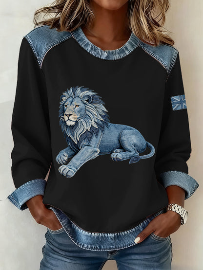 Women's British Style Denim Lion Patchwork Art Sweatshirt