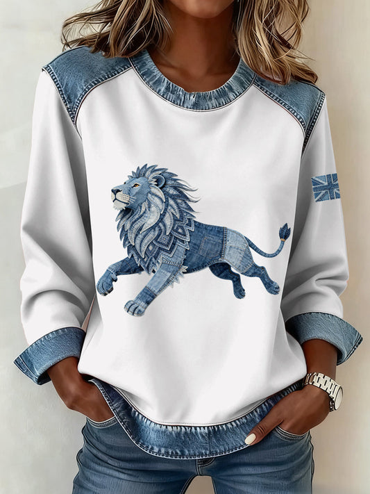 Women's British Style Denim Lion Patchwork Art Sweatshirt