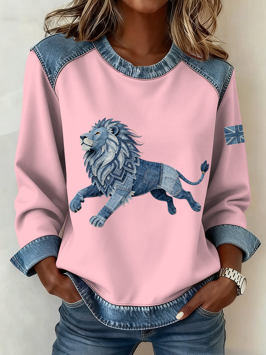 Women's British Style Denim Lion Patchwork Art Sweatshirt