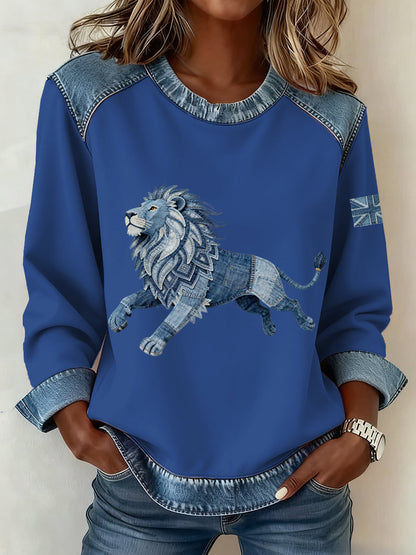 Women's British Style Denim Lion Patchwork Art Sweatshirt