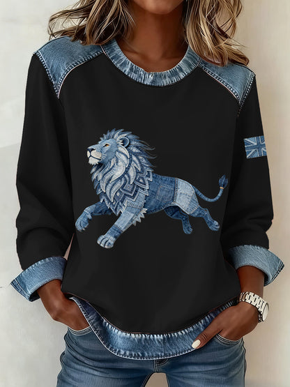 Women's British Style Denim Lion Patchwork Art Sweatshirt