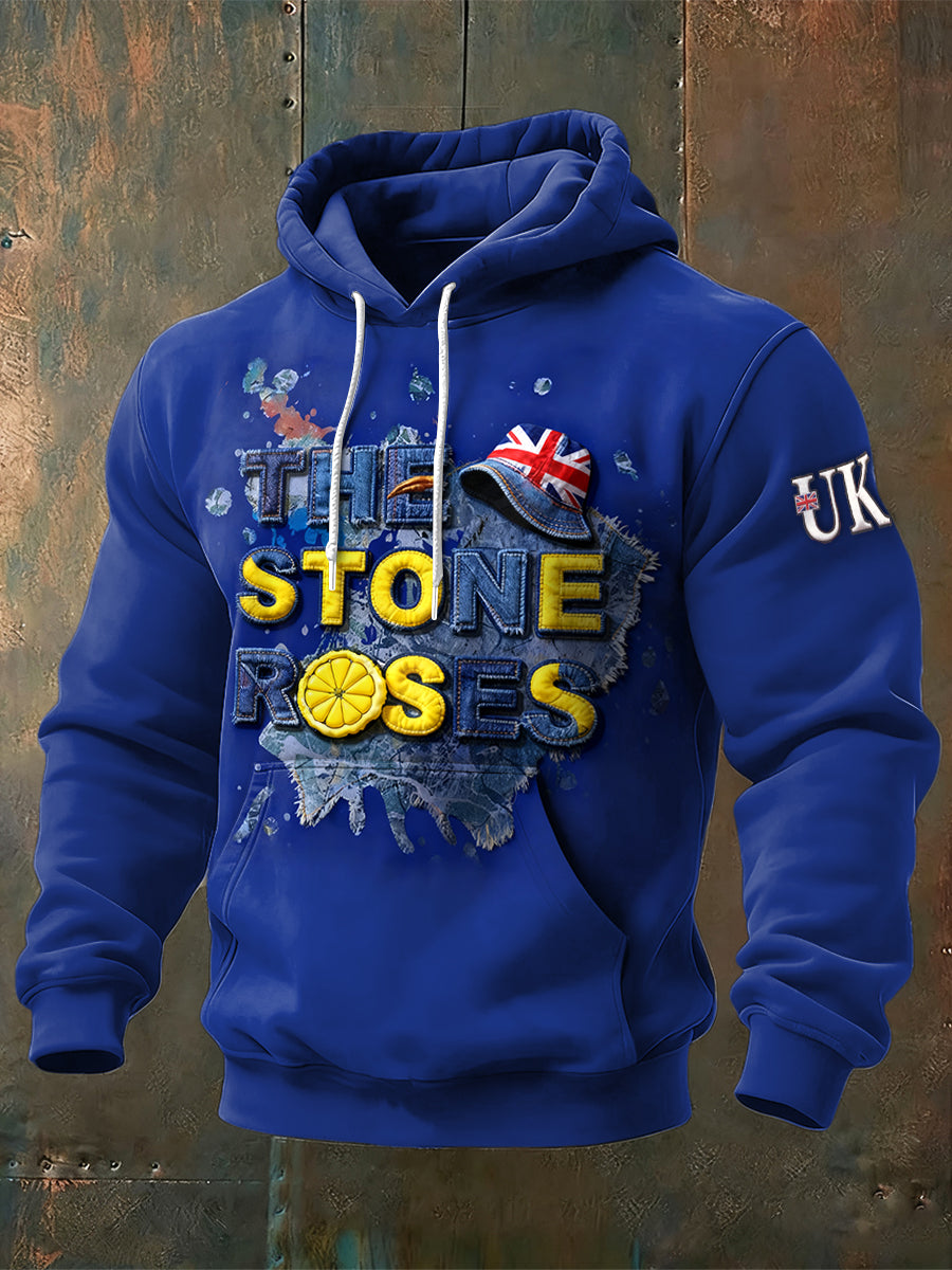 Men's The Stone Rose Band British Denim Print Patchwork Sweatshirt