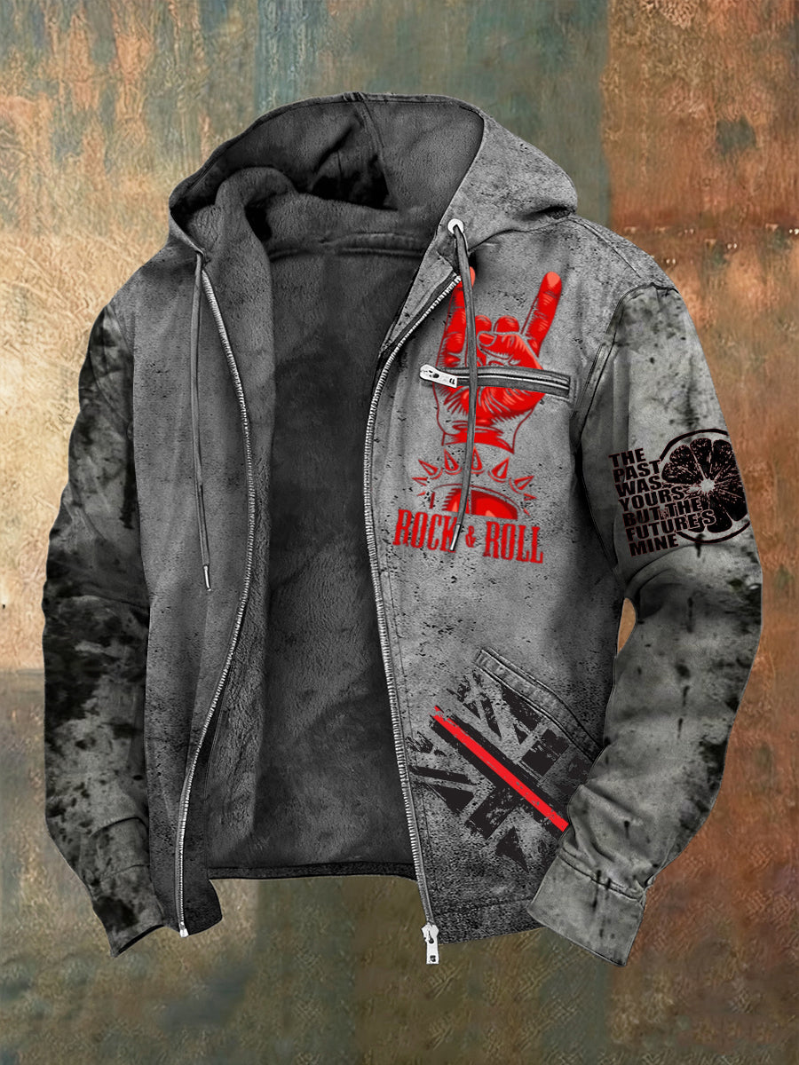 Men's Fiery Rock 'n' Roll Hand Gesture Print Hooded Jacket