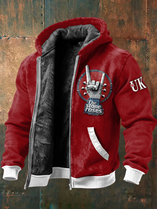 Men's The Stone Rose Print British Red Vintage Fleece-Lined Jacket