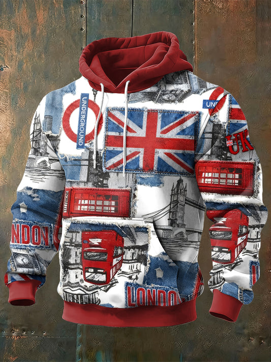 Men's British  Denim Patchwork Print Red Sweatshirt