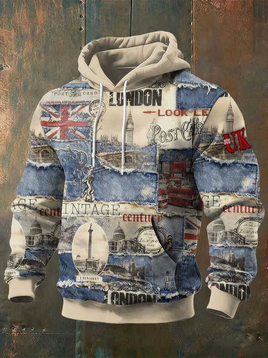 Men's British  Denim Patchwork Print Sweatshirt