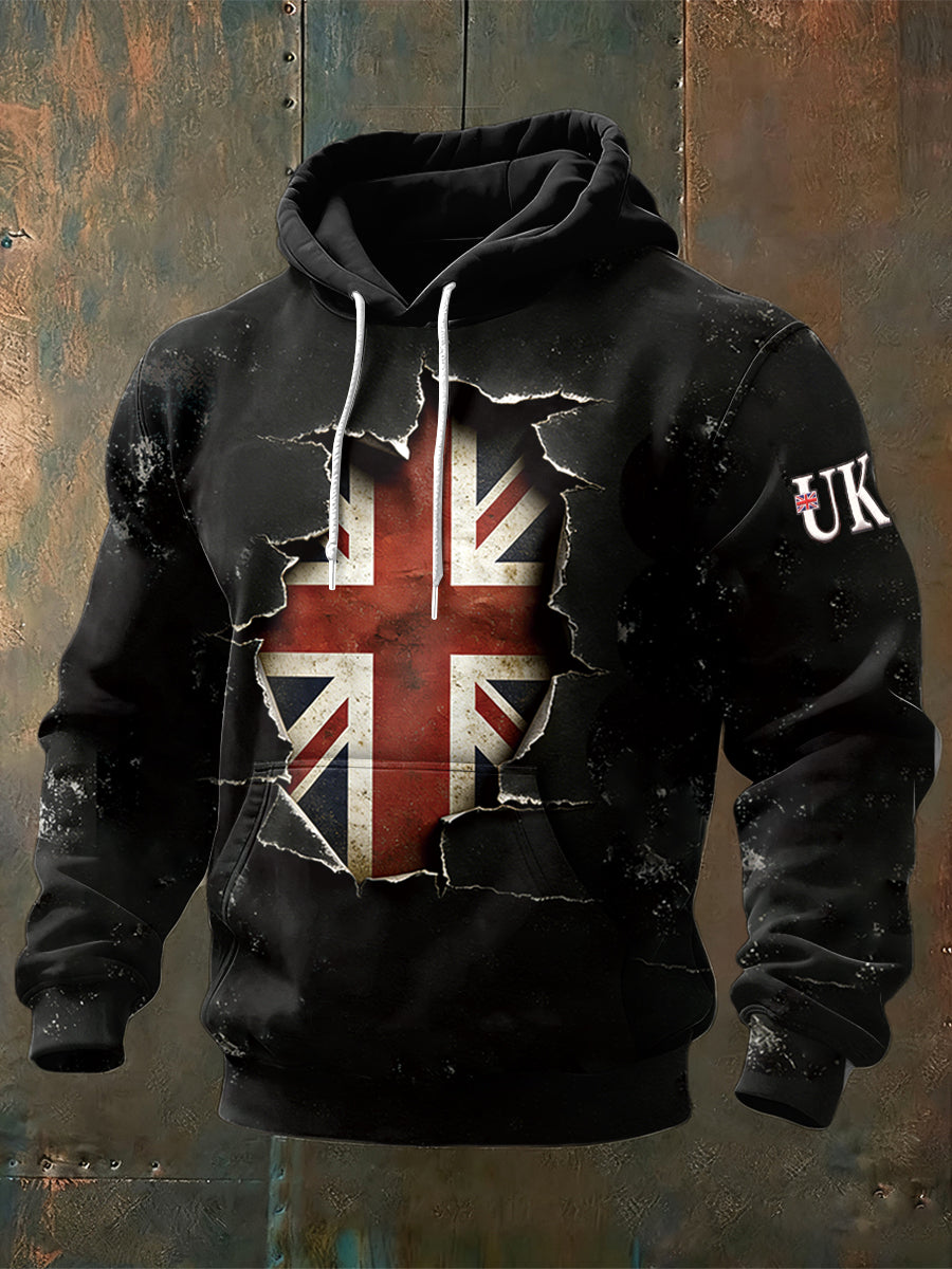 Men's United Kingdom Flag Print Vintage Hooded Sweatshirt