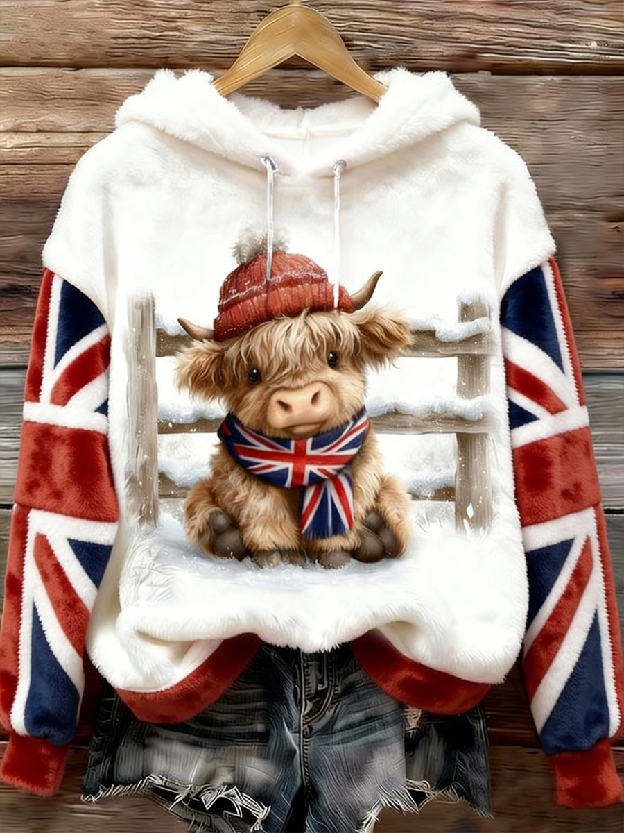 Women's U.K. Highland Cattle Print Flannel Hoodie