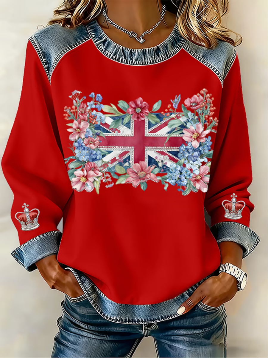 Women's UK Pattern Patchwork Denim Patchwork Top