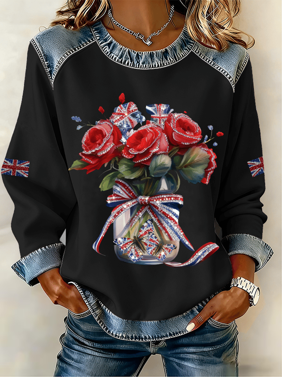 Women's UK Pattern Patchwork Denim Patchwork Top