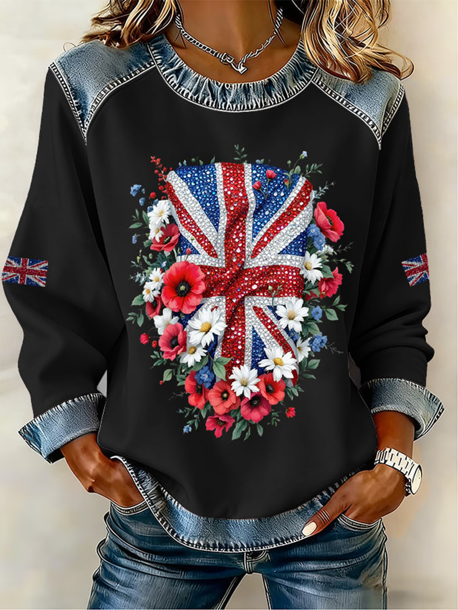 Women's UK Pattern Patchwork Denim Patchwork Top