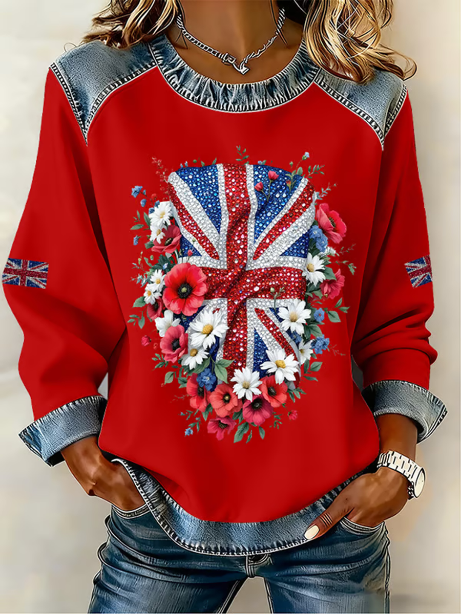 Women's UK Pattern Patchwork Denim Patchwork Top