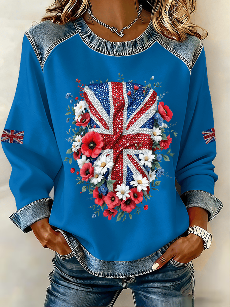 Women's UK Pattern Patchwork Denim Patchwork Top