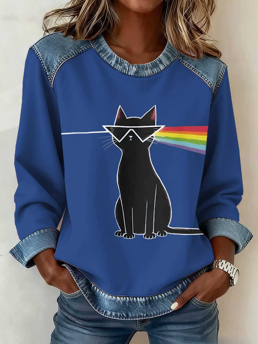 Women's rock band lover Denim Patchwork Top